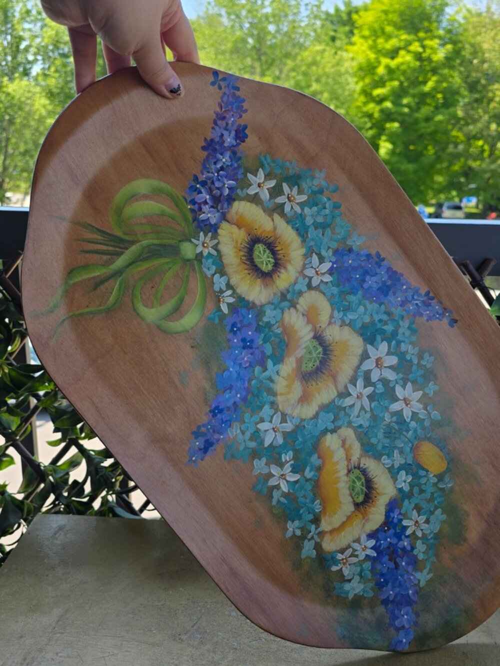Cute Hand‑Painted Floral Wooden decorative Platter Cottagecore Fairycore - Picture 4 of 10